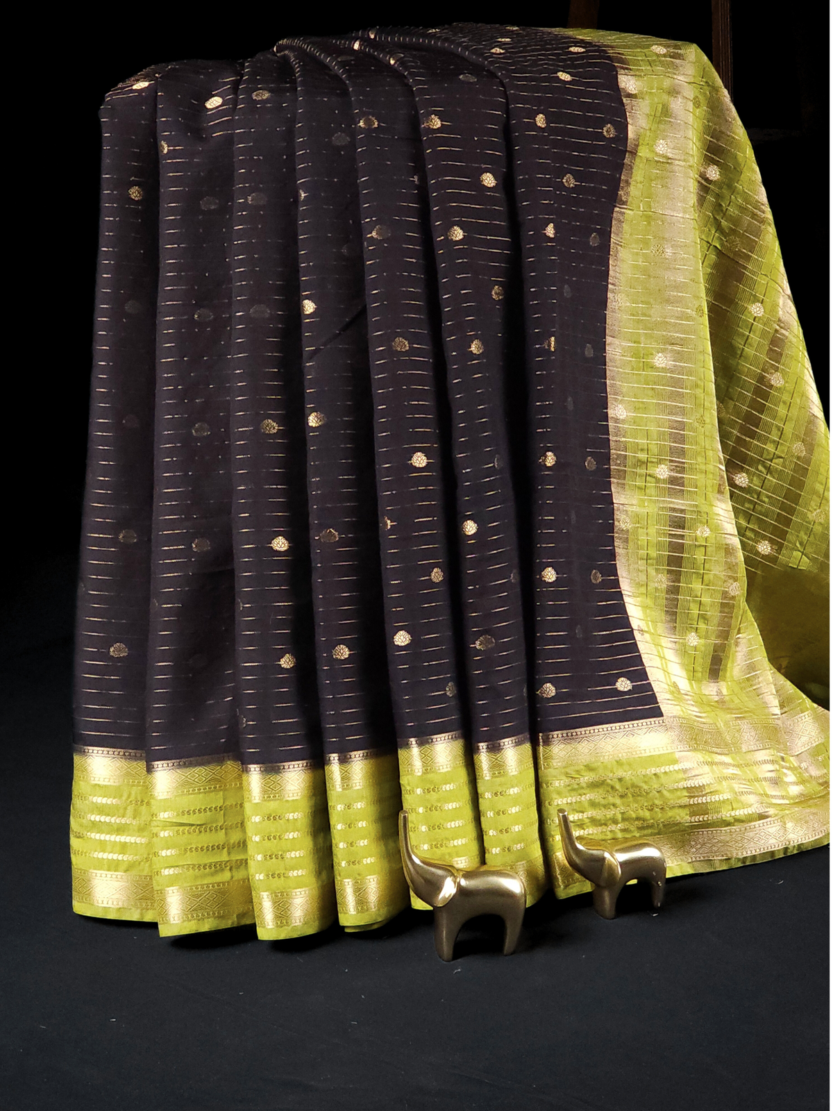 Georgette with Zari Woven Border Saree - Black with Green