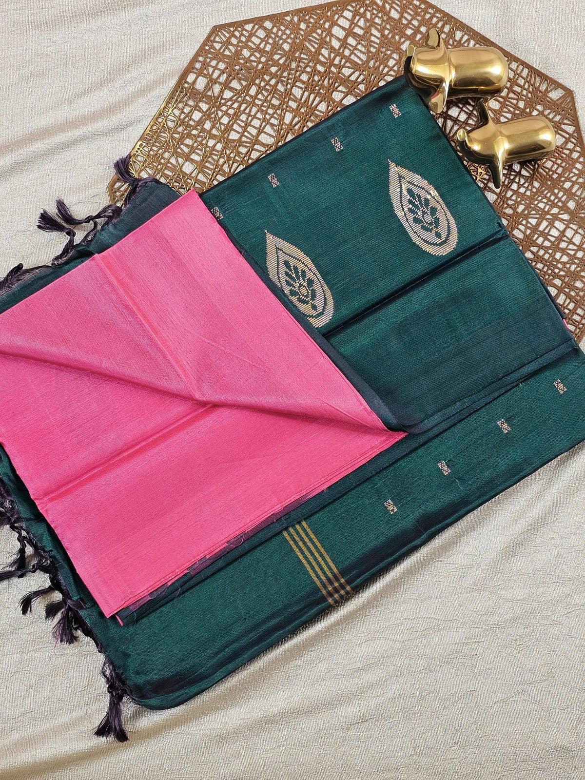 Chinnalampattu Saree with Blouse - Pink with Peacock Green