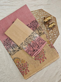 Pure Cotton with Checks Hand Block Prints - Onion Pink with Beige
