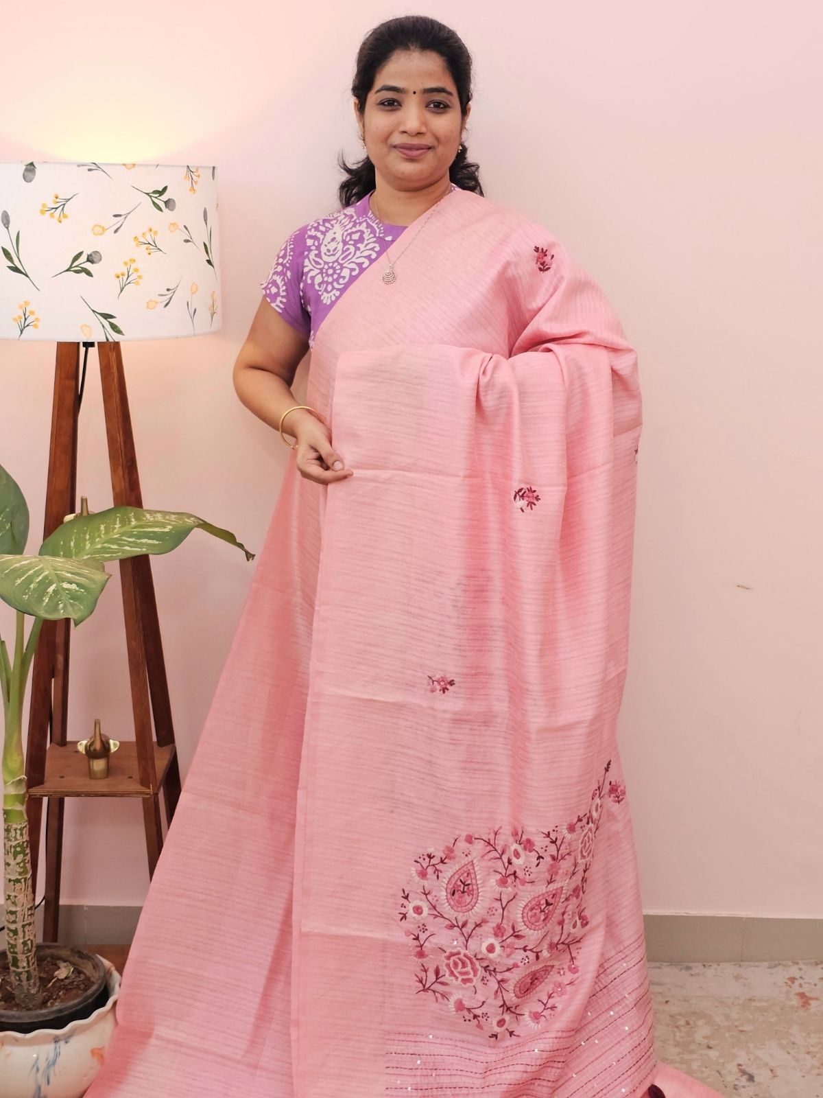 Premium Soft Linen Tissue with Hand Emboridery - Pink