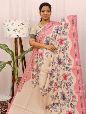 Green Silk with Digital Prints - Peach
