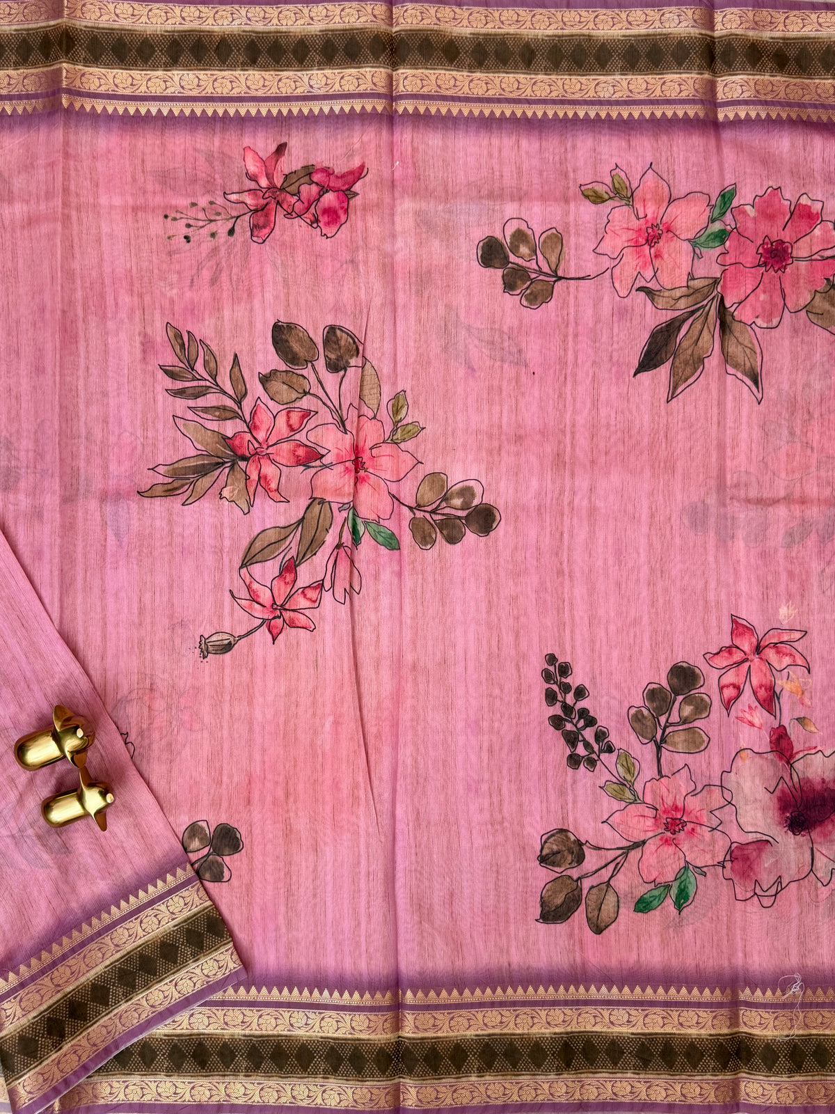 Unique Semi Tussar with Zari Border and Digital Prints - Pink