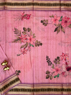 Unique Semi Tussar with Zari Border and Digital Prints - Pink