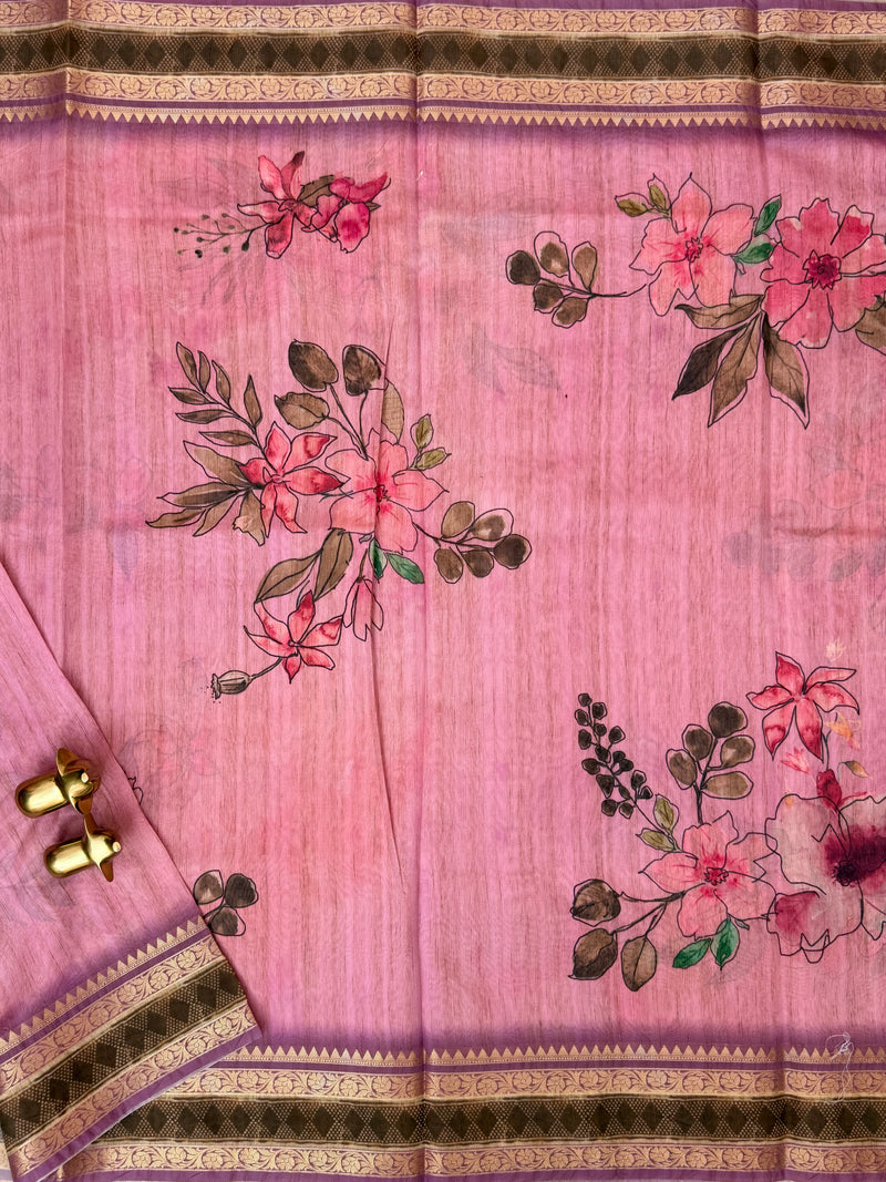 Unique Semi Tussar with Zari Border and Digital Prints - Pink