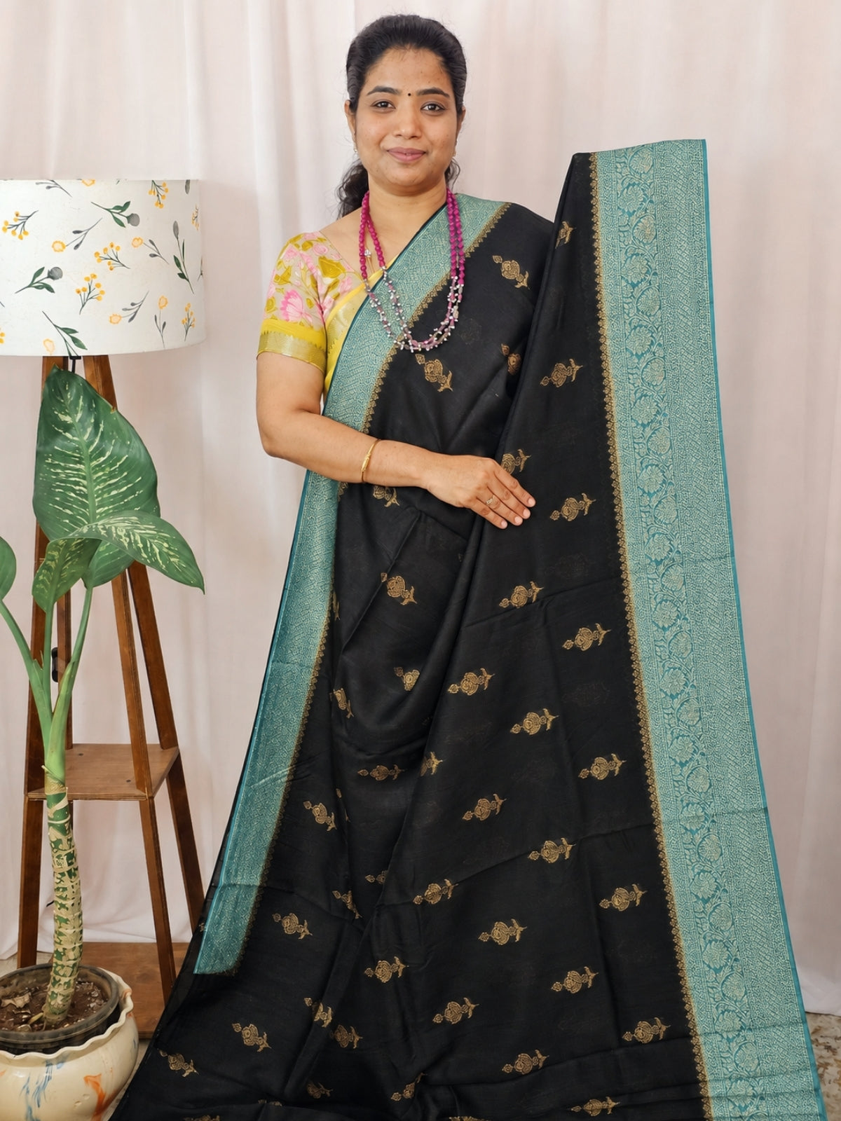 Jute Banarasi Silk Saree - Black with Sea Green