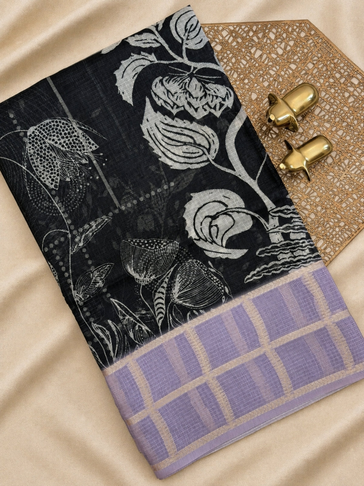 Premium Soft Semi Tussar Kota Weaving with Digital Prints - Black with Purple