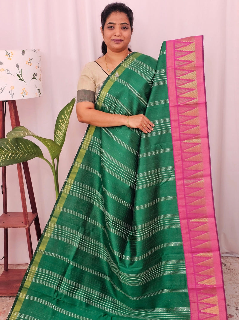 Semi Raw Silk Saree - Green with Pink
