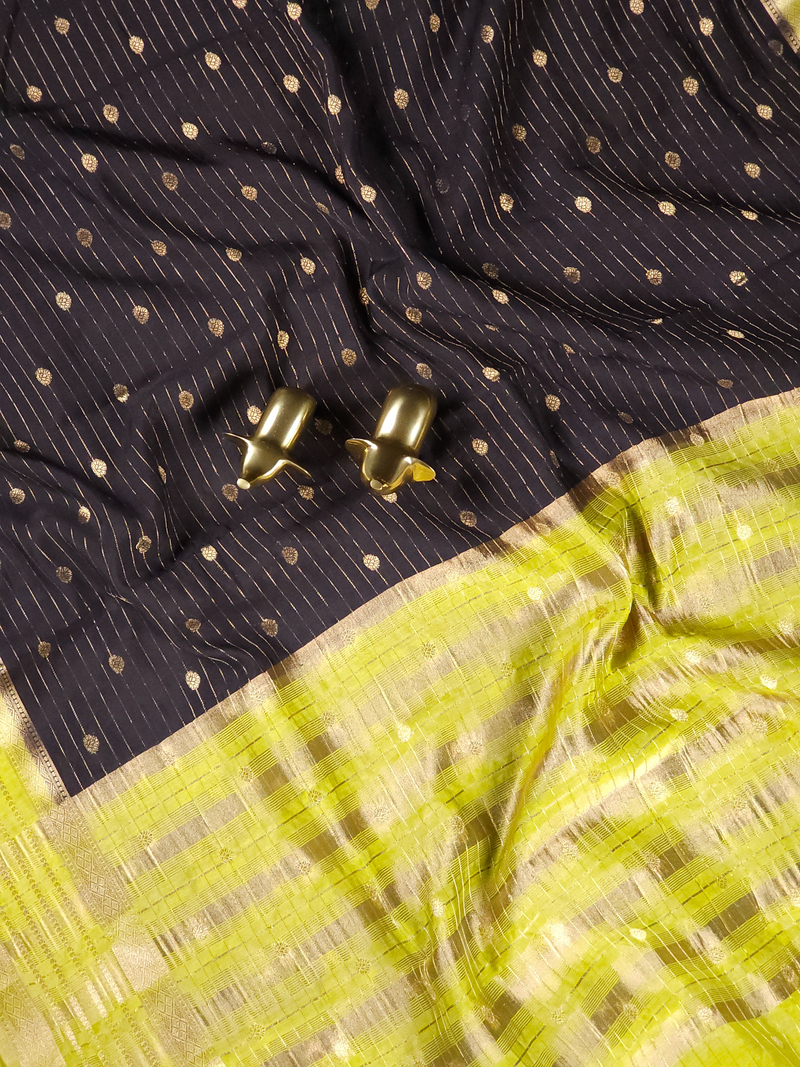 Georgette with Zari Woven Border Saree - Black with Green