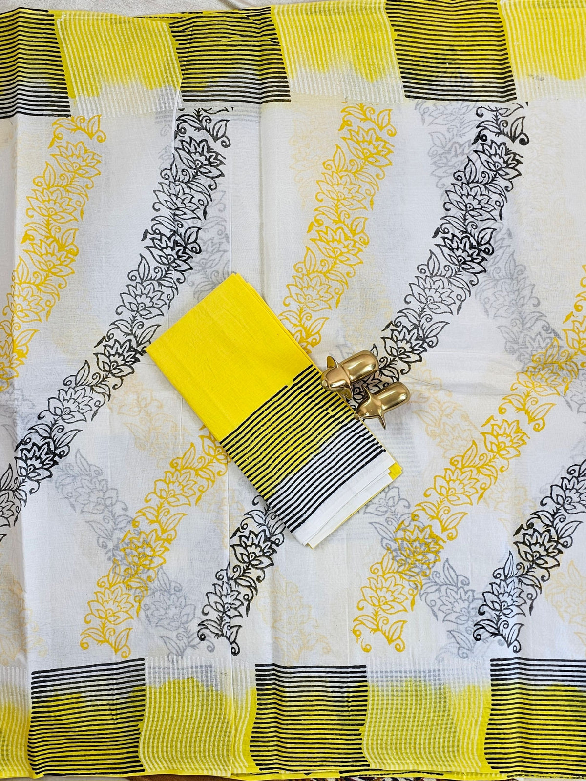 Pure Cotton with Hand Block Prints - White with Yellow