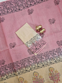 Pure Cotton with Checks Hand Block Prints - Onion Pink with Beige