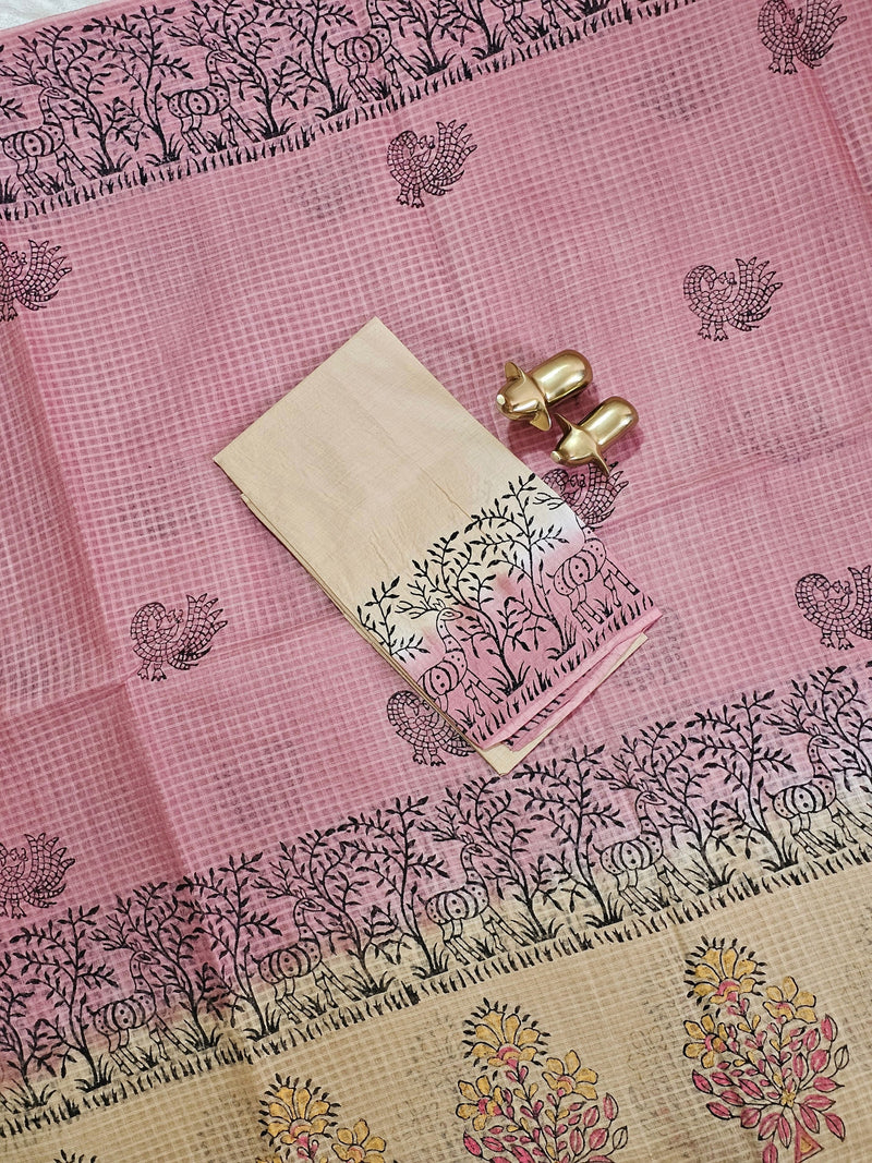 Pure Cotton with Checks Hand Block Prints - Onion Pink with Beige