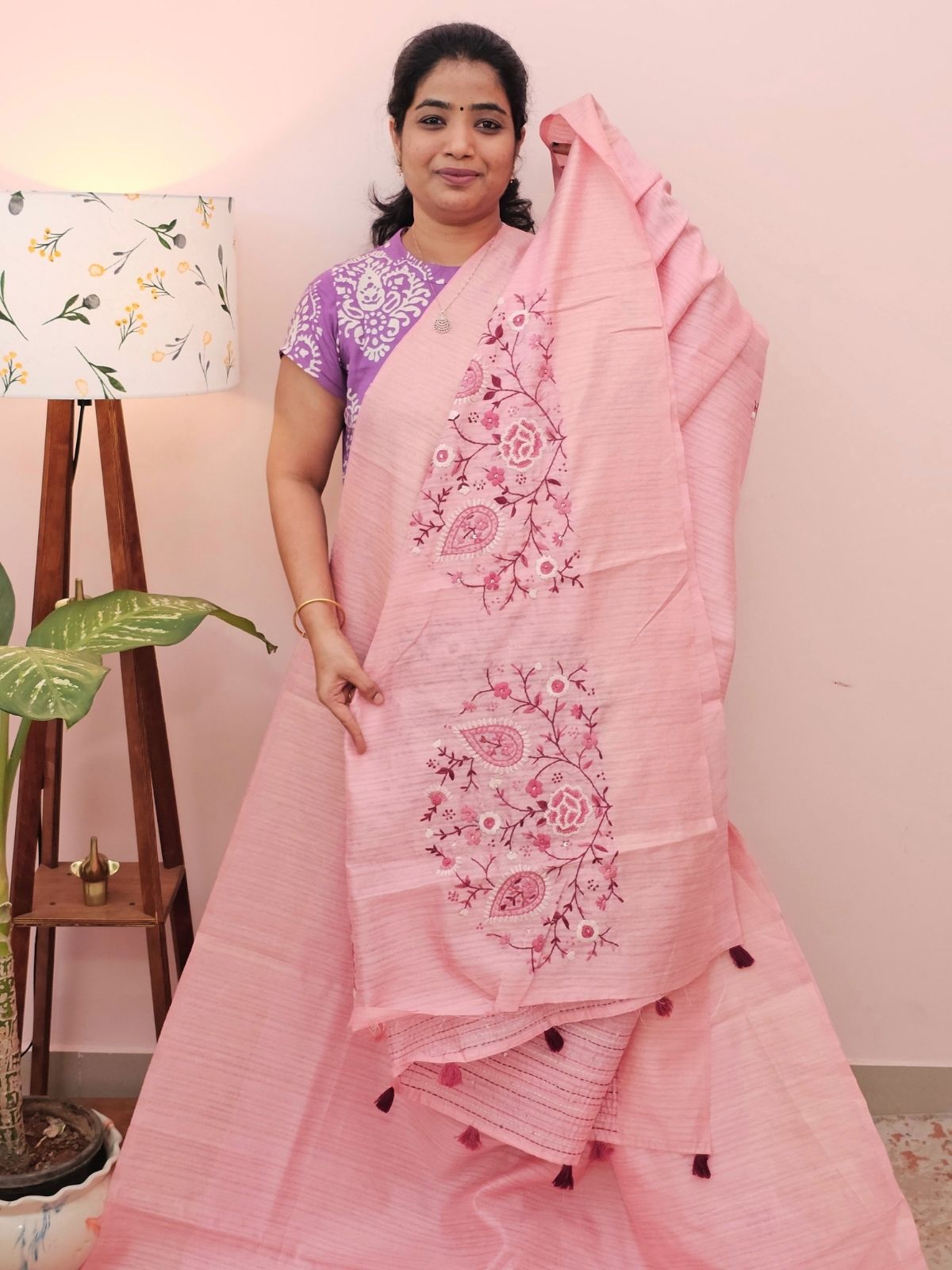 Premium Soft Linen Tissue with Hand Emboridery - Pink