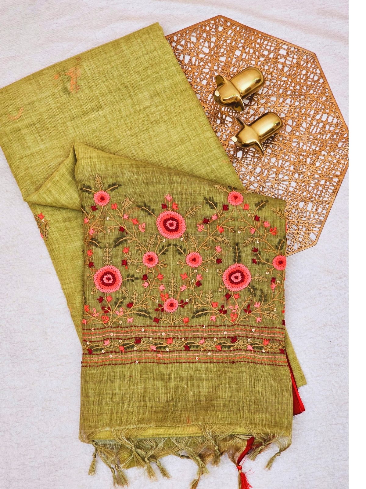 Linen Tissue with Embroidery  Work - Green