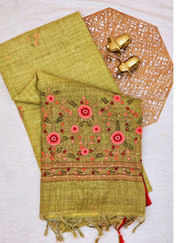 Linen Tissue with Embroidery  Work - Green