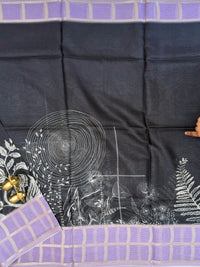 Premium Soft Semi Tussar Kota Weaving with Digital Prints - Black with Purple