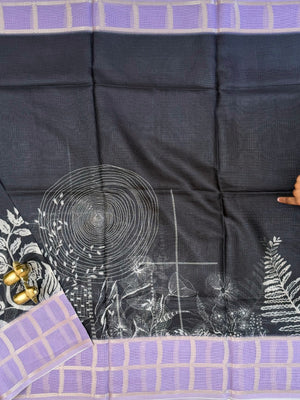 Premium Soft Semi Tussar Kota Weaving with Digital Prints - Black with Purple