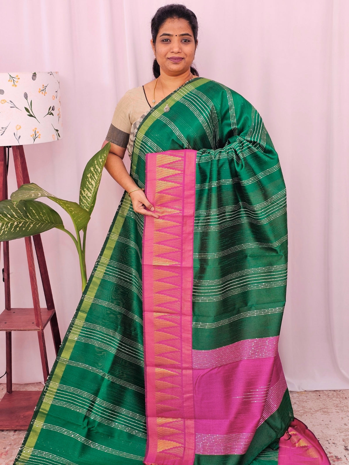 Semi Raw Silk Saree - Green with Pink
