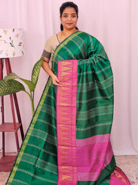 Semi Raw Silk Saree - Green with Pink