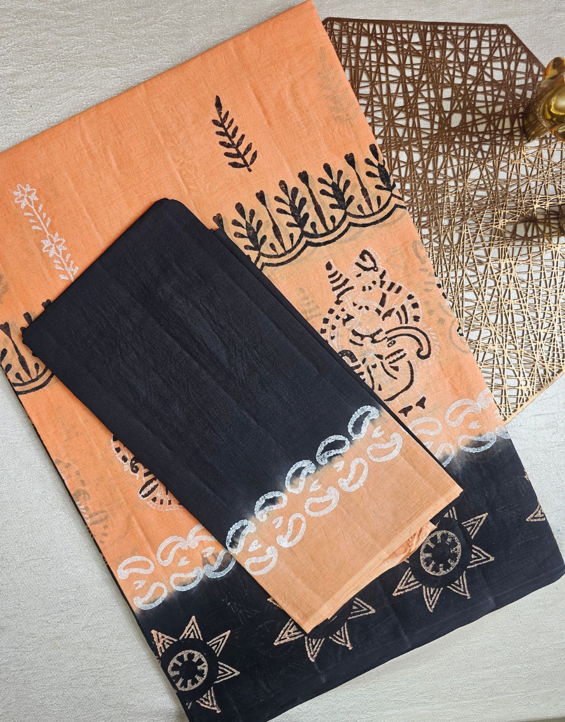 Pure Cotton with Hand Block Prints - Orange with Black