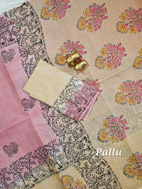 Pure Cotton with Checks Hand Block Prints - Onion Pink with Beige