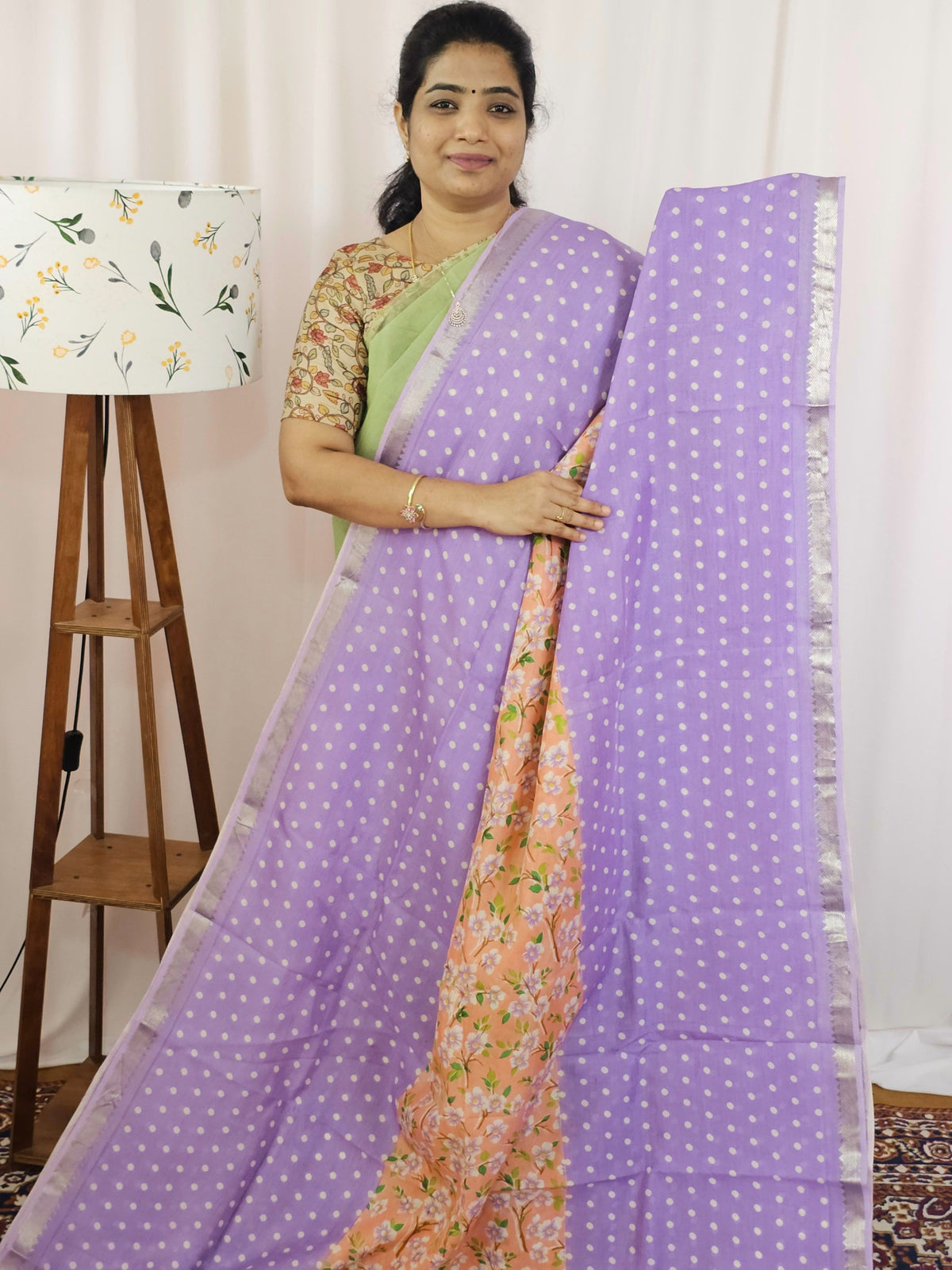 Handwoven Mangalagiri Pattu Saree with Digital Prints  - Peach with Lavender