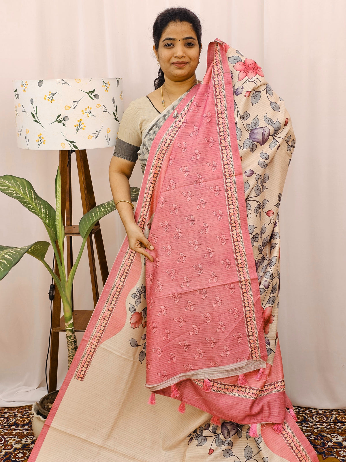 Green Silk with Digital Prints - Peach
