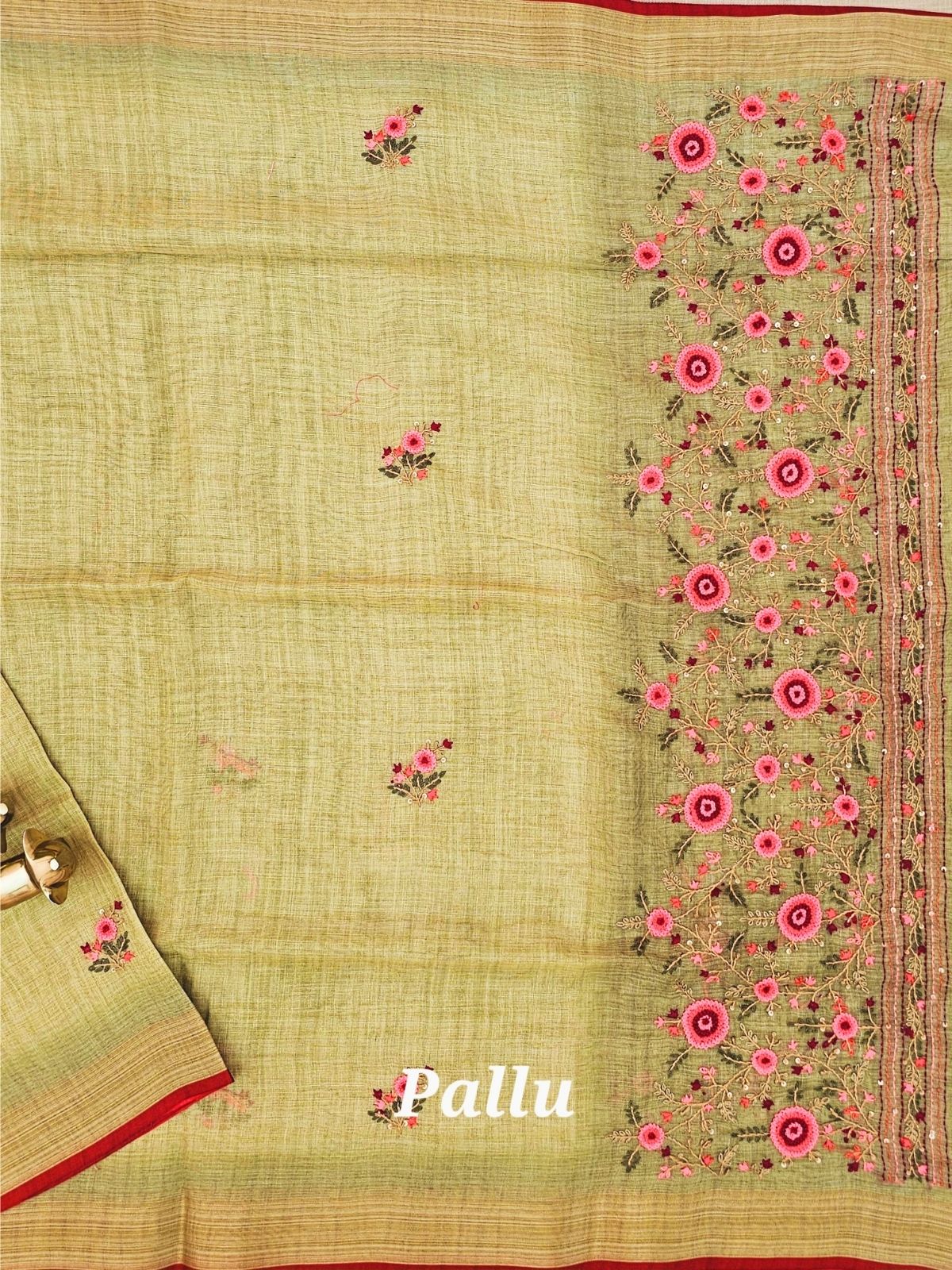 Linen Tissue with Embroidery  Work - Green