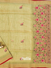 Linen Tissue with Embroidery  Work - Green