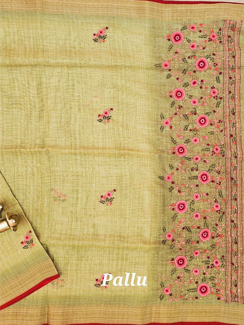 Linen Tissue with Embroidery  Work - Green