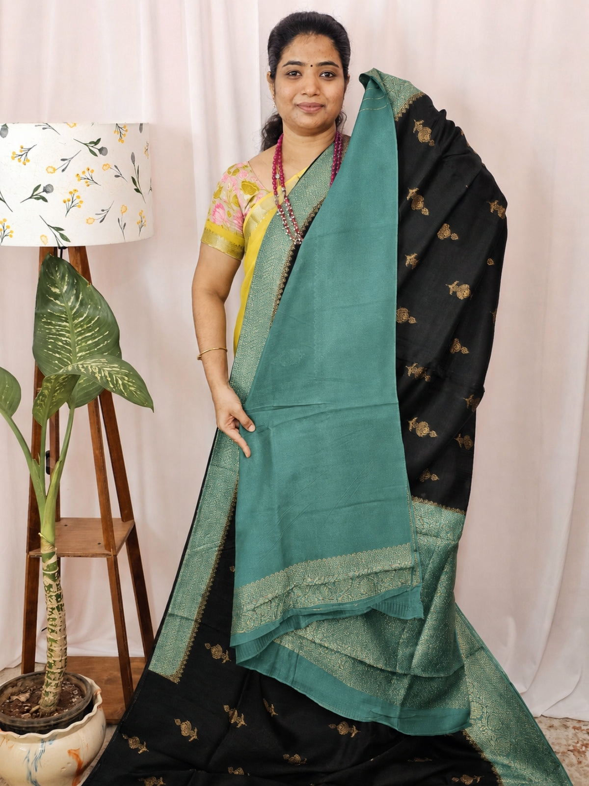 Jute Banarasi Silk Saree - Black with Sea Green