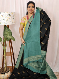 Jute Banarasi Silk Saree - Black with Sea Green
