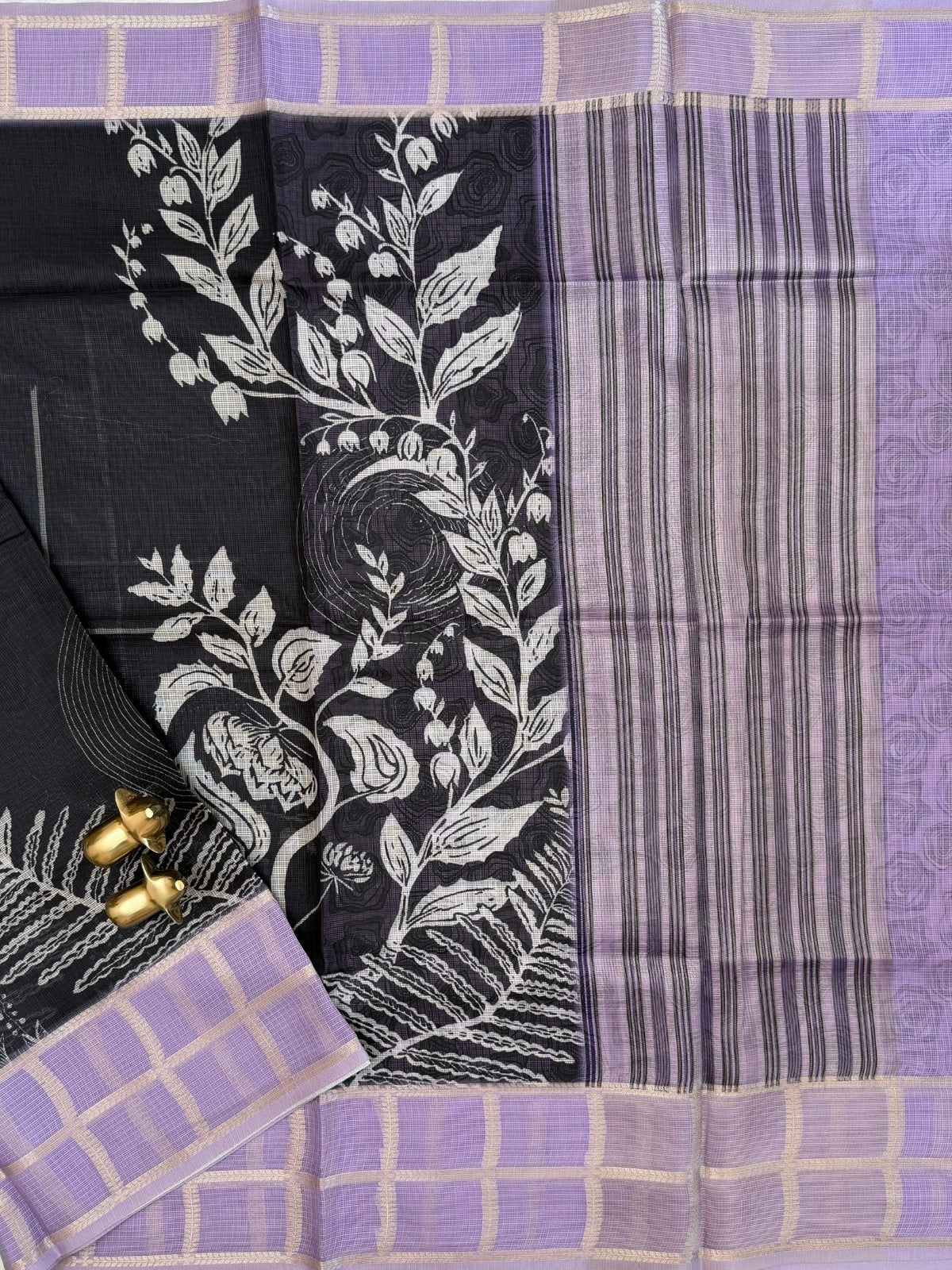 Premium Soft Semi Tussar Kota Weaving with Digital Prints - Black with Purple