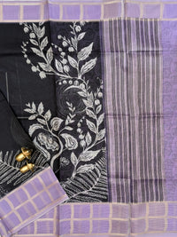 Premium Soft Semi Tussar Kota Weaving with Digital Prints - Black with Purple