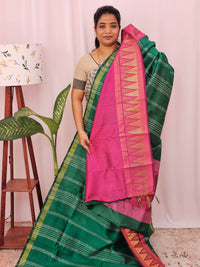 Semi Raw Silk Saree - Green with Pink