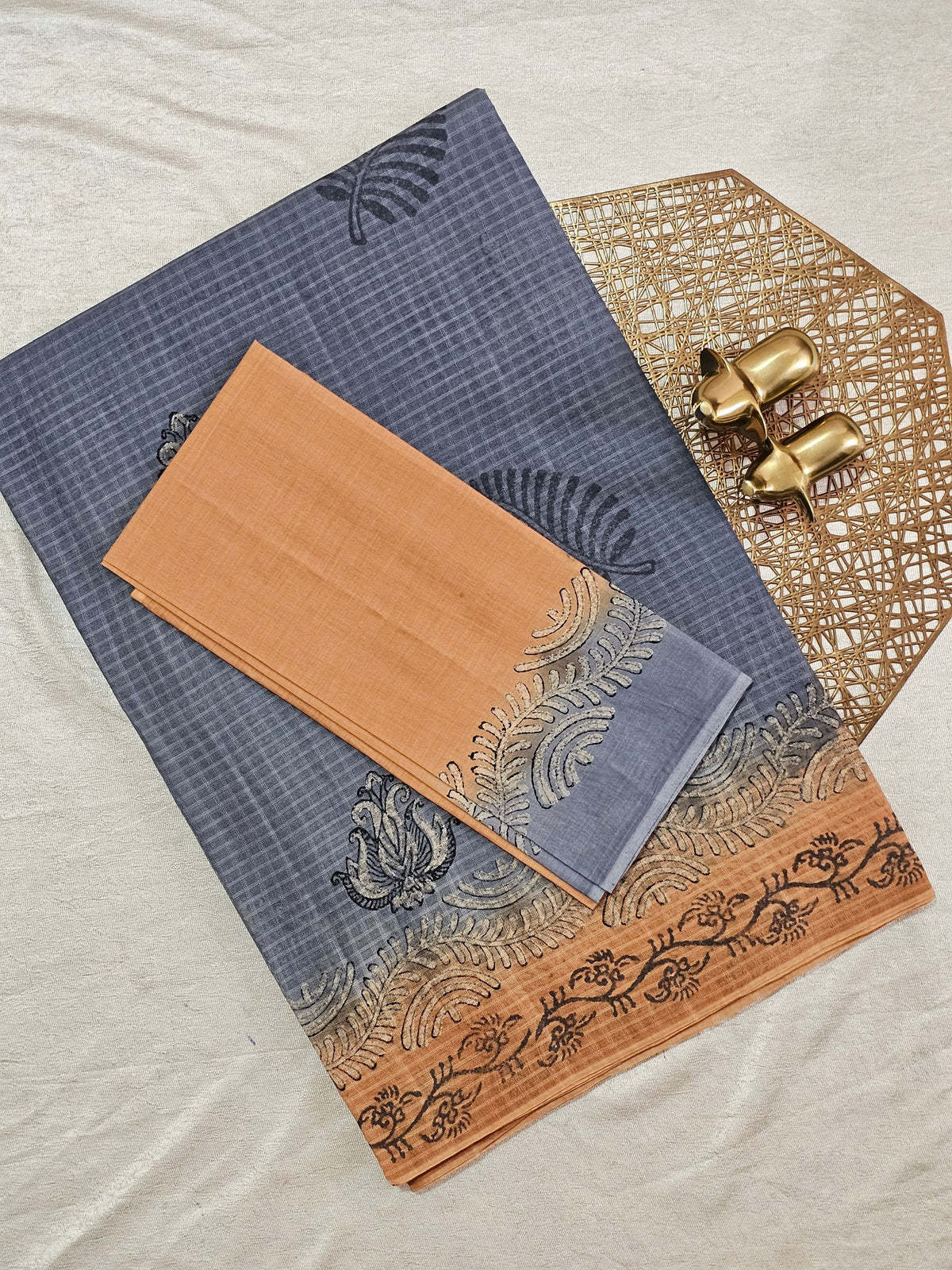 Pure Cotton with Checks Hand Block Prints - Grey With Brown
