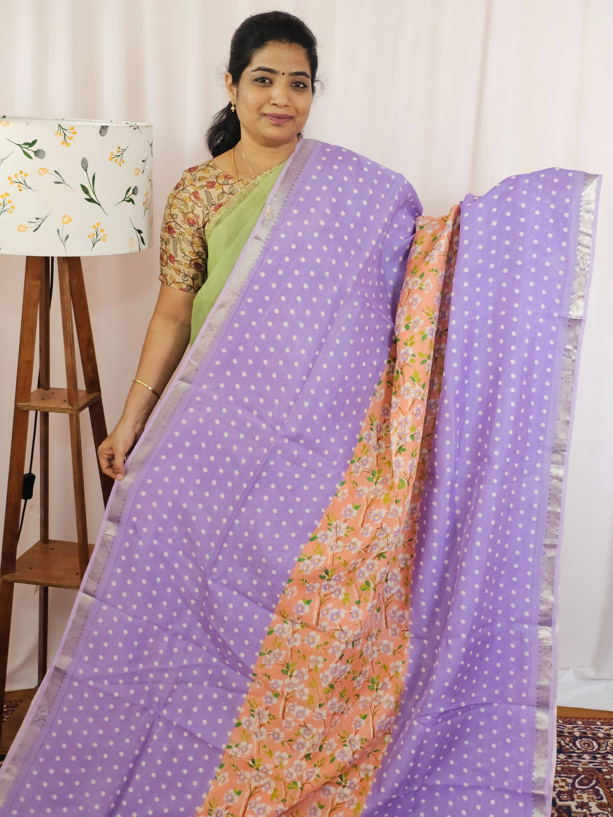 Handwoven Mangalagiri Pattu Saree with Digital Prints  - Peach with Lavender