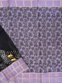 Premium Soft Semi Tussar Kota Weaving with Digital Prints - Black with Purple