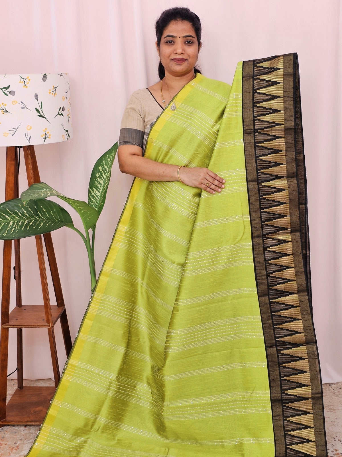 Semi Raw Silk Saree - Lime Green with Black