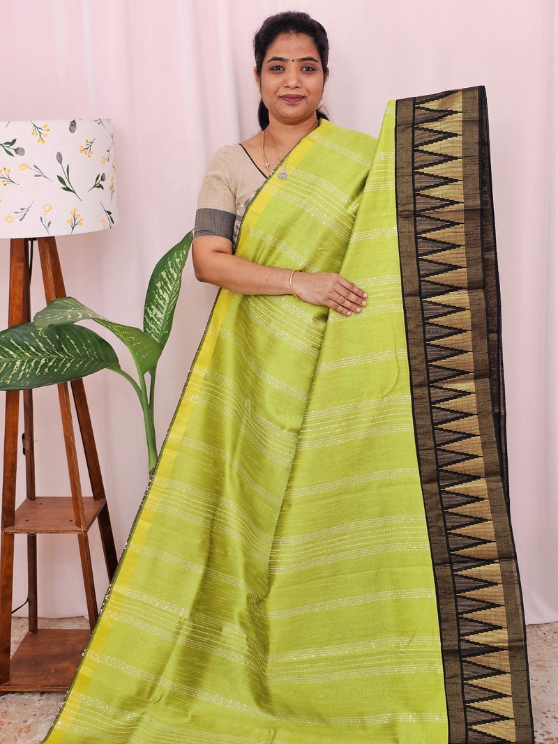 Semi Raw Silk Saree - Lime Green with Black