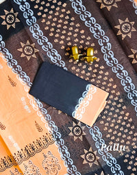 Pure Cotton with Hand Block Prints - Orange with Black