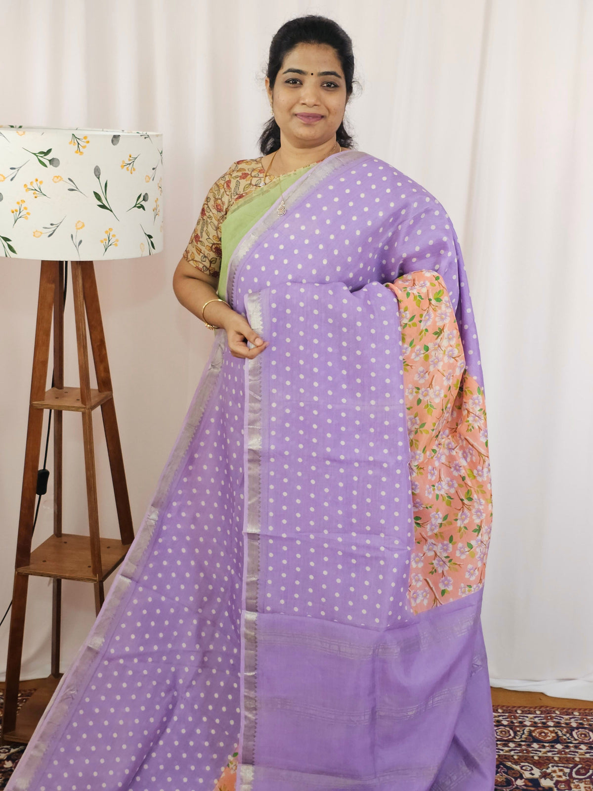 Handwoven Mangalagiri Pattu Saree with Digital Prints  - Peach with Lavender
