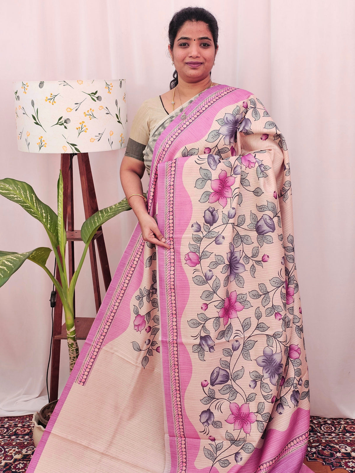 Green Silk with Digital Prints - Pink