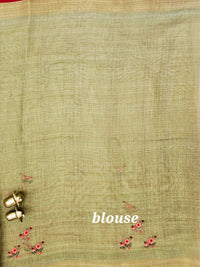 Linen Tissue with Embroidery  Work - Green