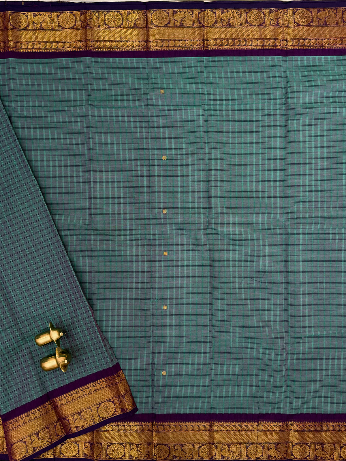 Chettinad Cotton Saree - Rama Green with Dark Purple Checks