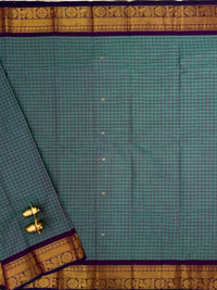 Chettinad Cotton Saree - Rama Green with Dark Purple Checks