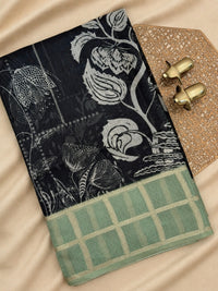 Premium Soft Semi Tussar Kota Weaving with Digital Prints - Black with Green