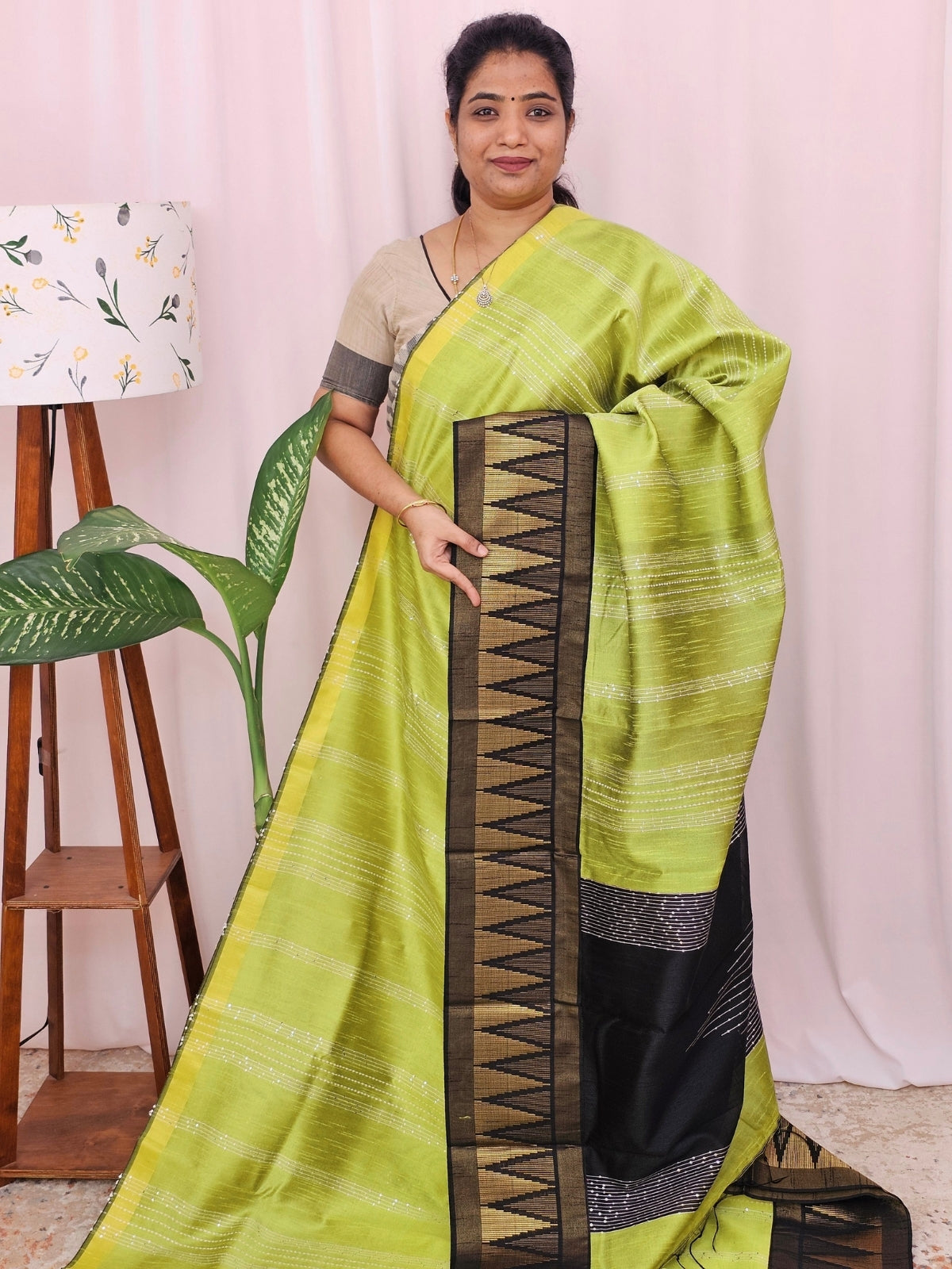 Semi Raw Silk Saree - Lime Green with Black