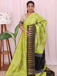 Semi Raw Silk Saree - Lime Green with Black