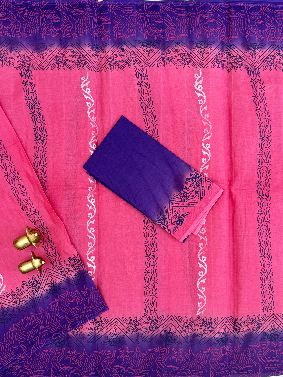Pure Cotton with Hand Block Prints - Pink with Purple