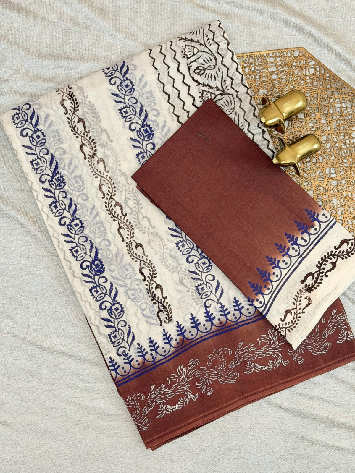 Pure Cotton with Hand Block Prints - White with Brown